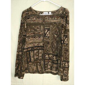 Chicos Pullover Top Long Sleeve Rhinestones Beaded Brown Aztec Pattern Large EUC